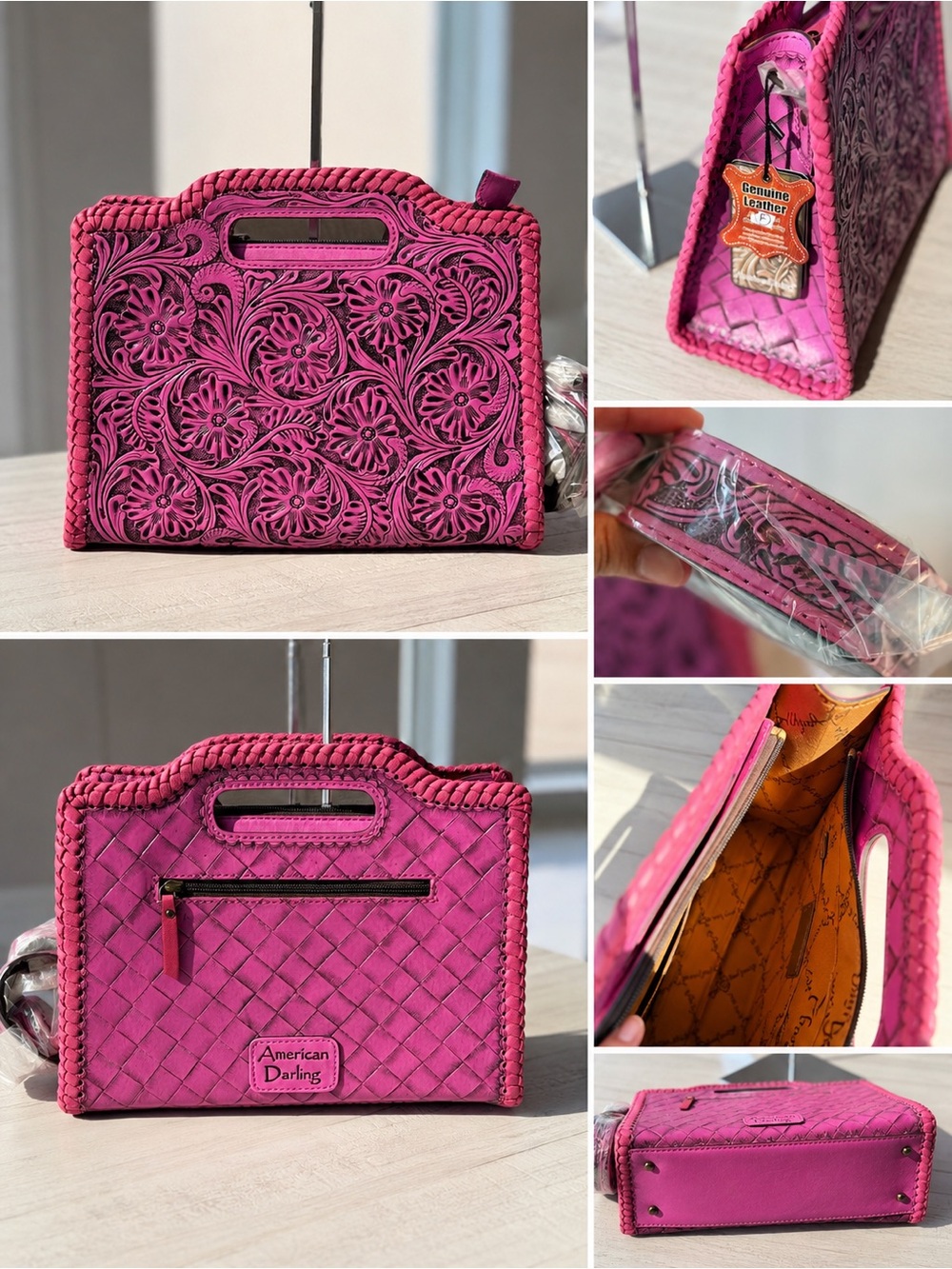 American Darling Western Hand-Tooled Genuine Leather Clutch Bag - Pink